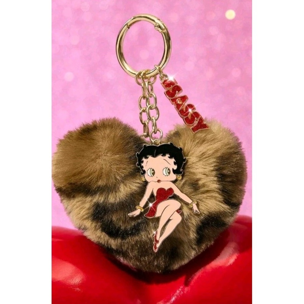 BETTY BOOP Sassy KEYCHAIN Faux Fur Animal Print‎ Heart Charm Bag Charm Accessory